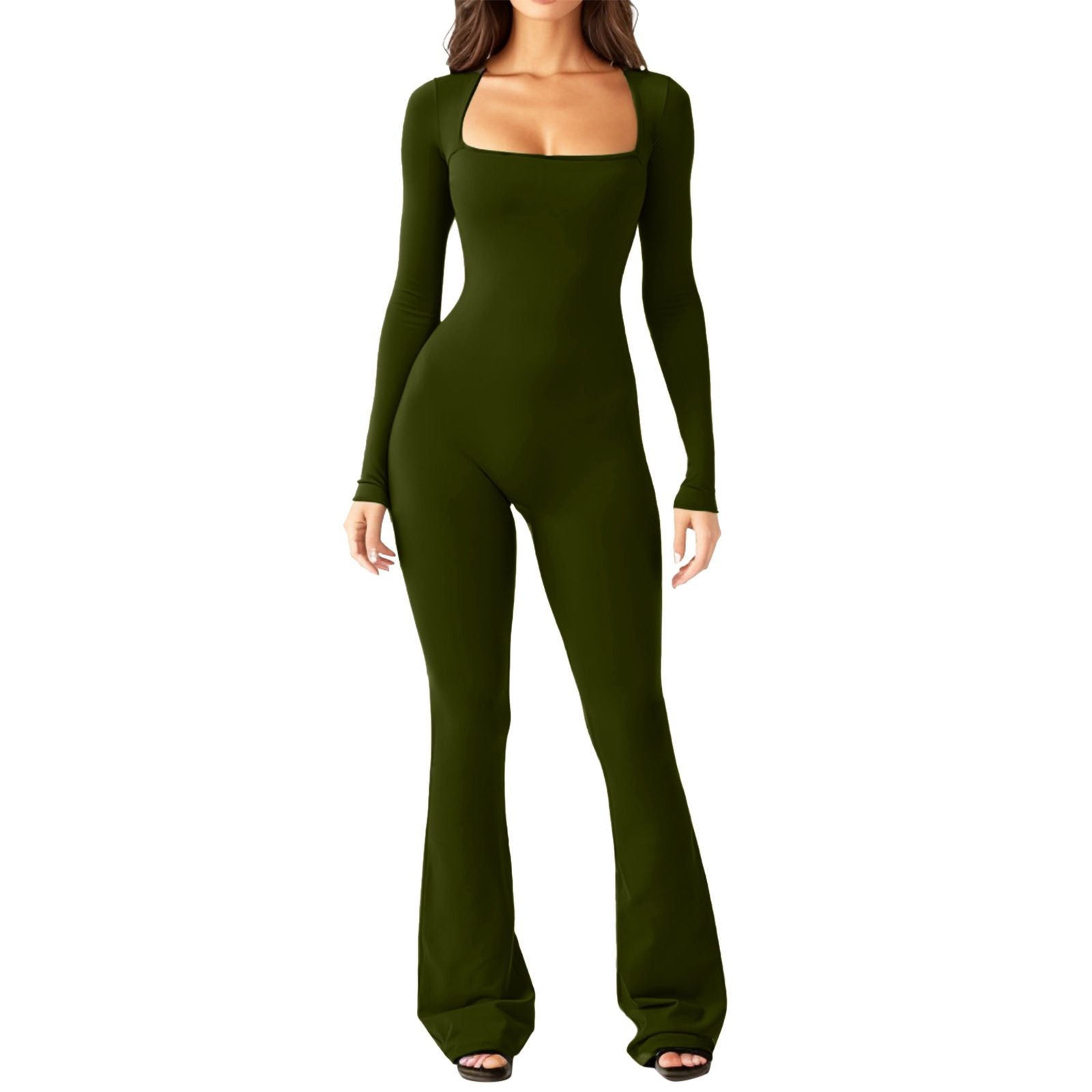 Long Sleeve Waist Tunic Hip Lift Square Collar Wide-Leg High-Elastic Jumpsuit