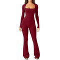 Long Sleeve Waist Tunic Hip Lift Square Collar Wide-Leg High-Elastic Jumpsuit