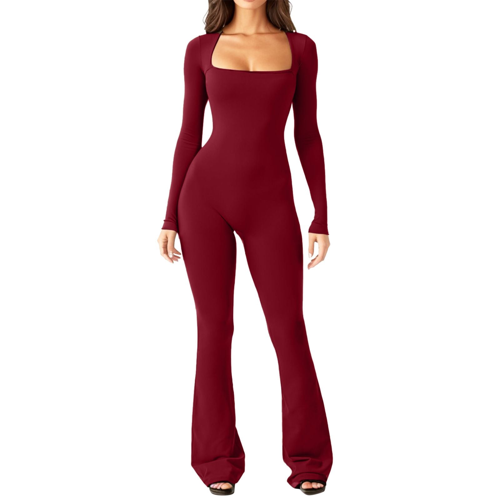 Long Sleeve Waist Tunic Hip Lift Square Collar Wide-Leg High-Elastic Jumpsuit