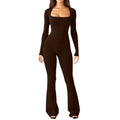 Long Sleeve Waist Tunic Hip Lift Square Collar Wide-Leg High-Elastic Jumpsuit