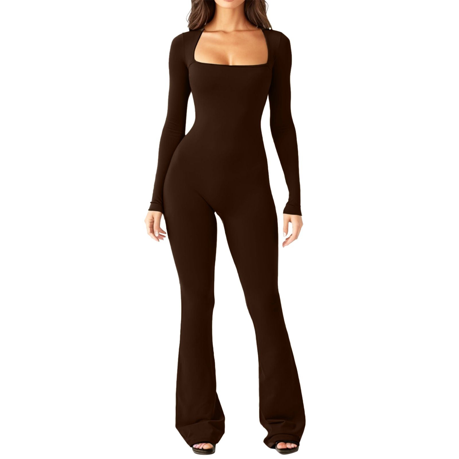 Long Sleeve Waist Tunic Hip Lift Square Collar Wide-Leg High-Elastic Jumpsuit