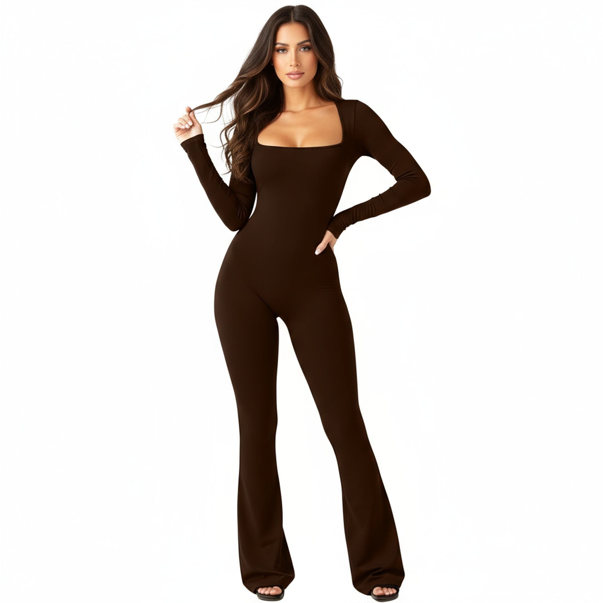 Long Sleeve Waist Tunic Hip Lift Square Collar Wide-Leg High-Elastic Jumpsuit