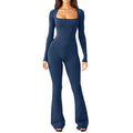 Long Sleeve Waist Tunic Hip Lift Square Collar Wide-Leg High-Elastic Jumpsuit
