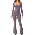 Long Sleeve Waist Tunic Hip Lift Square Collar Wide-Leg High-Elastic Jumpsuit