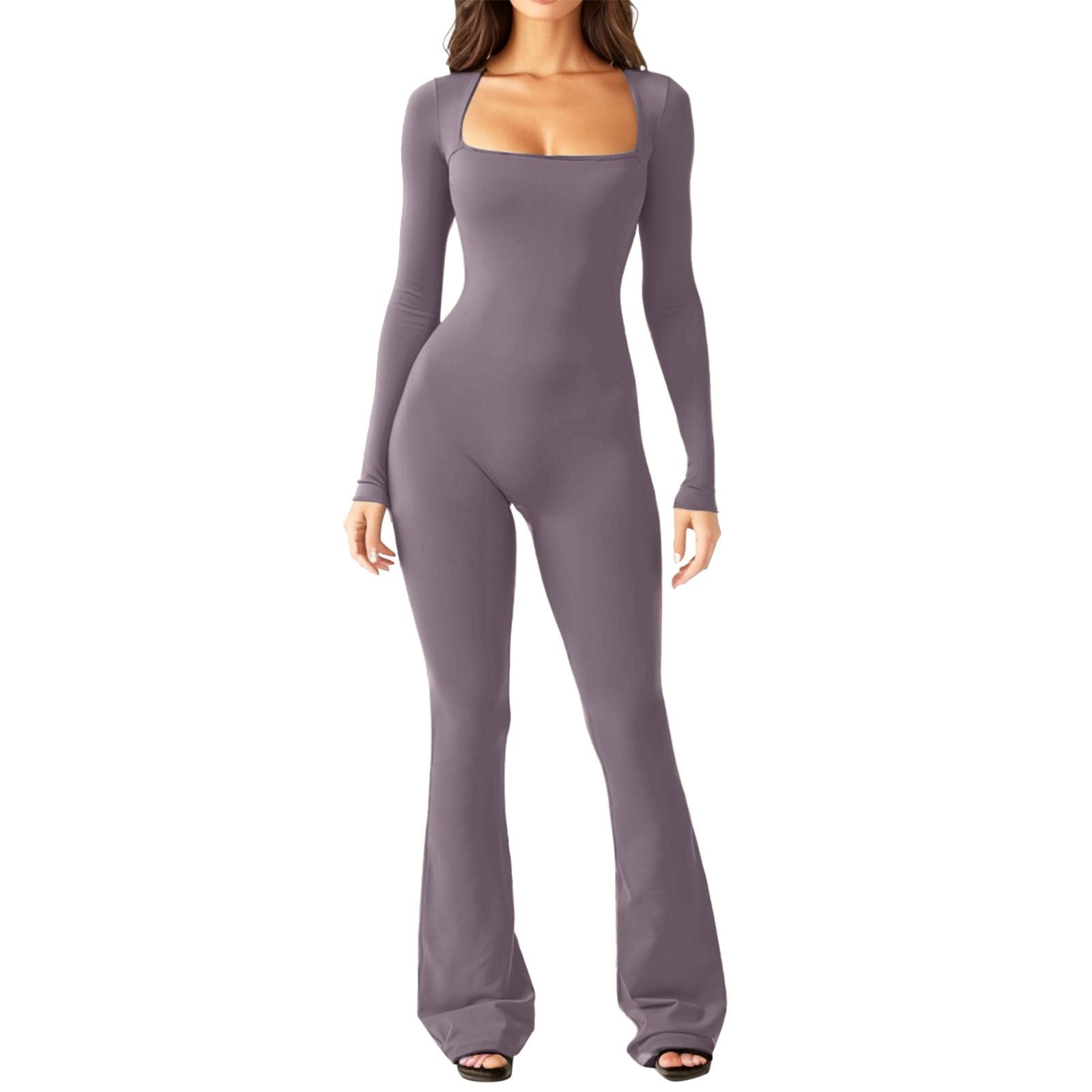 Long Sleeve Waist Tunic Hip Lift Square Collar Wide-Leg High-Elastic Jumpsuit