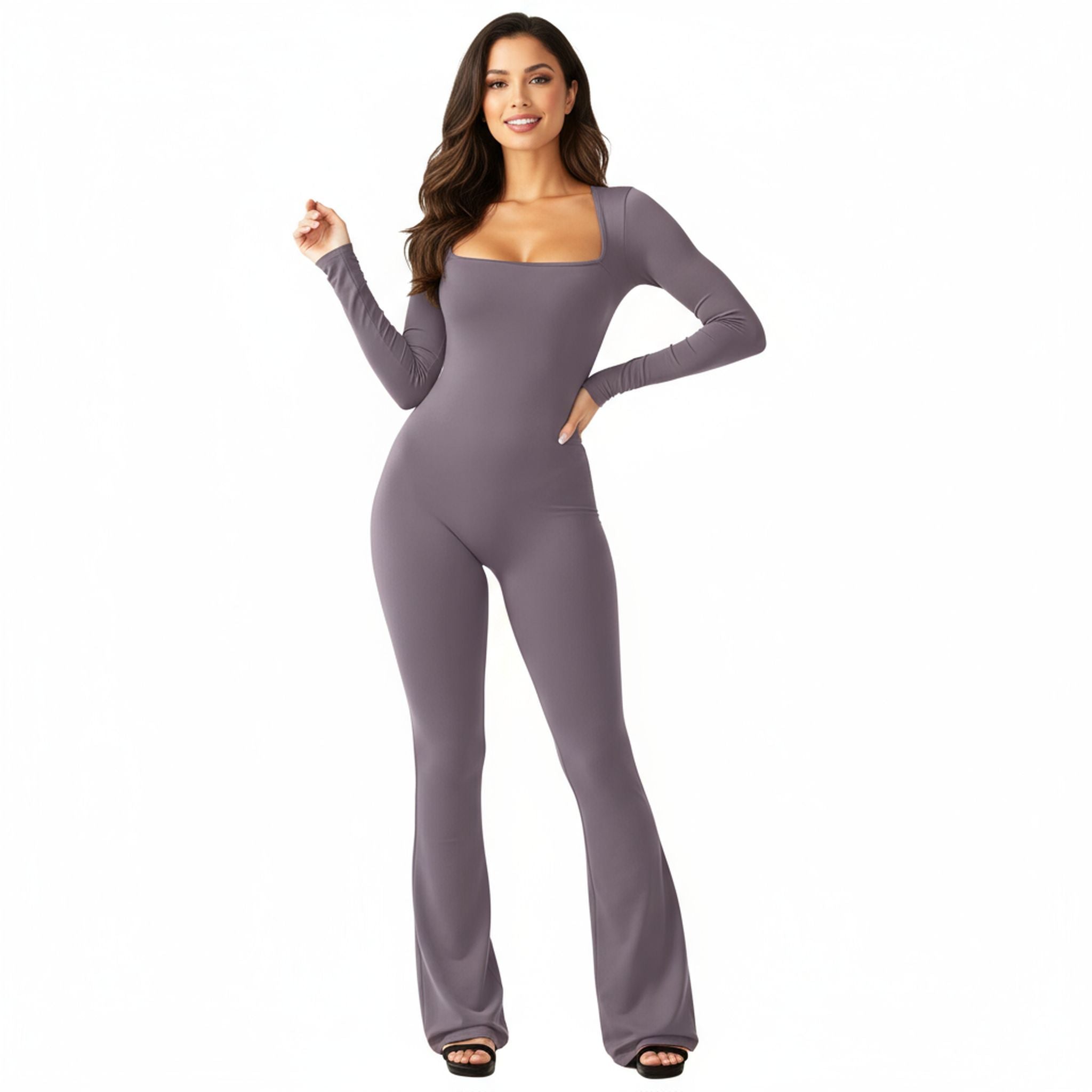 Long Sleeve Waist Tunic Hip Lift Square Collar Wide-Leg High-Elastic Jumpsuit
