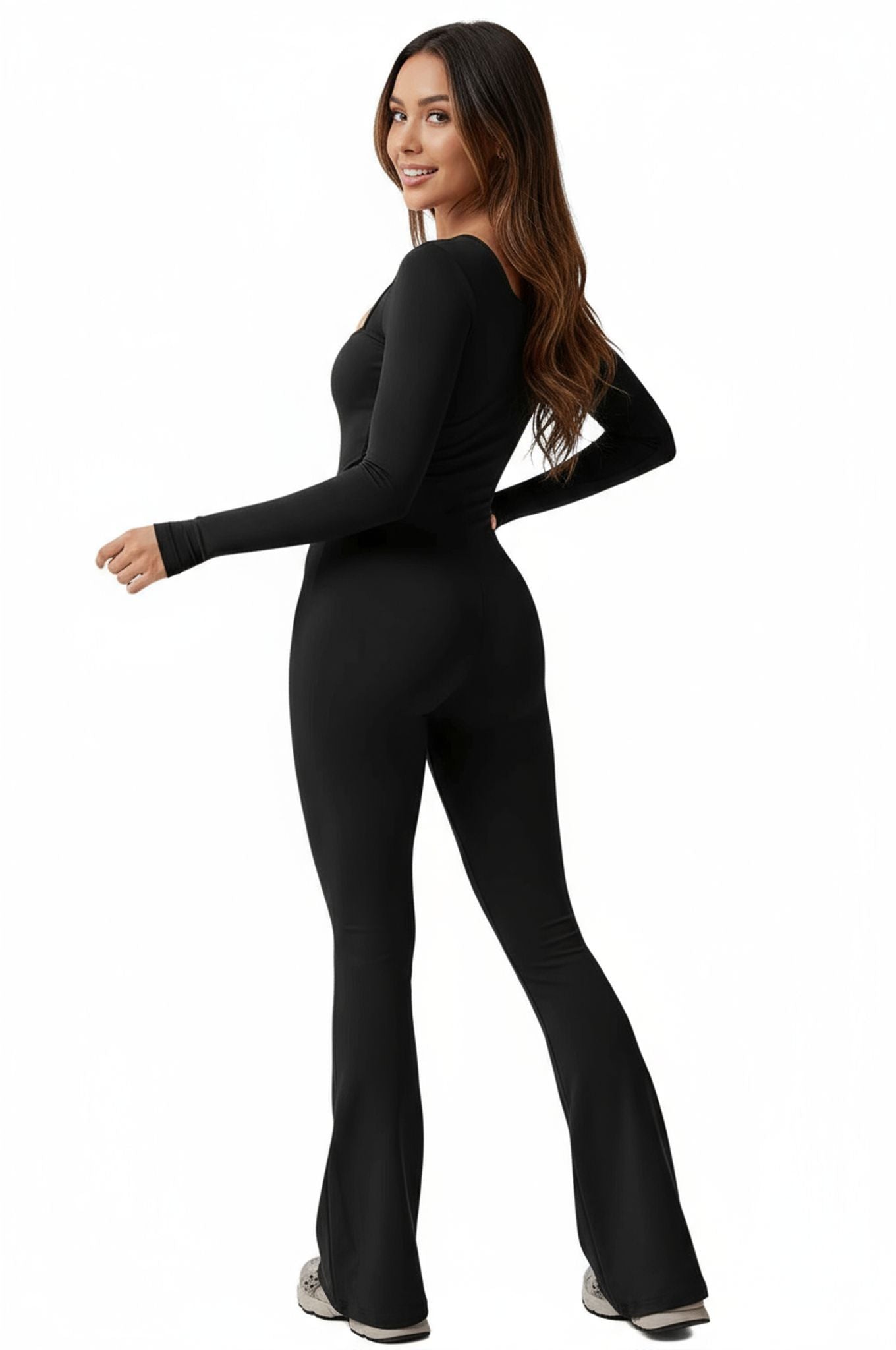 Long Sleeve Waist Tunic Hip Lift Square Collar Wide-Leg High-Elastic Jumpsuit