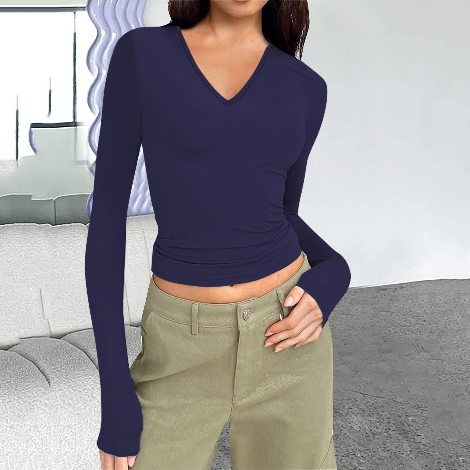 Wish Women'S V-Neck Long Sleeve Basic Slim Versatile T-Shirt Top Women