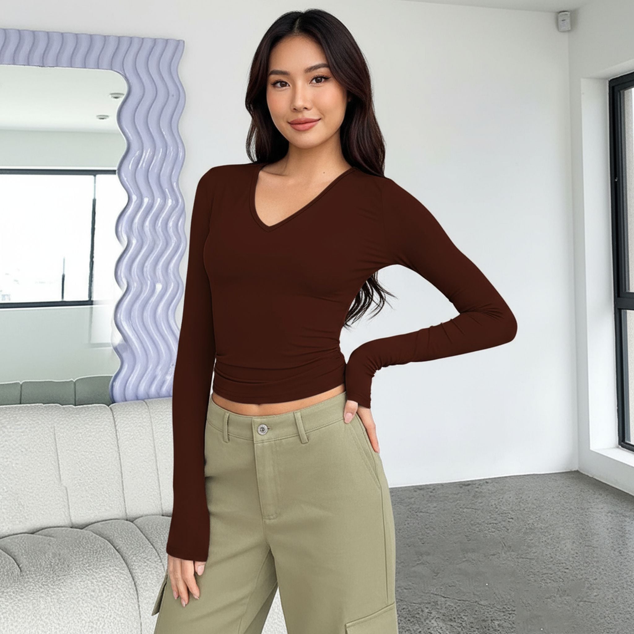 Wish Women'S V-Neck Long Sleeve Basic Slim Versatile T-Shirt Top Women