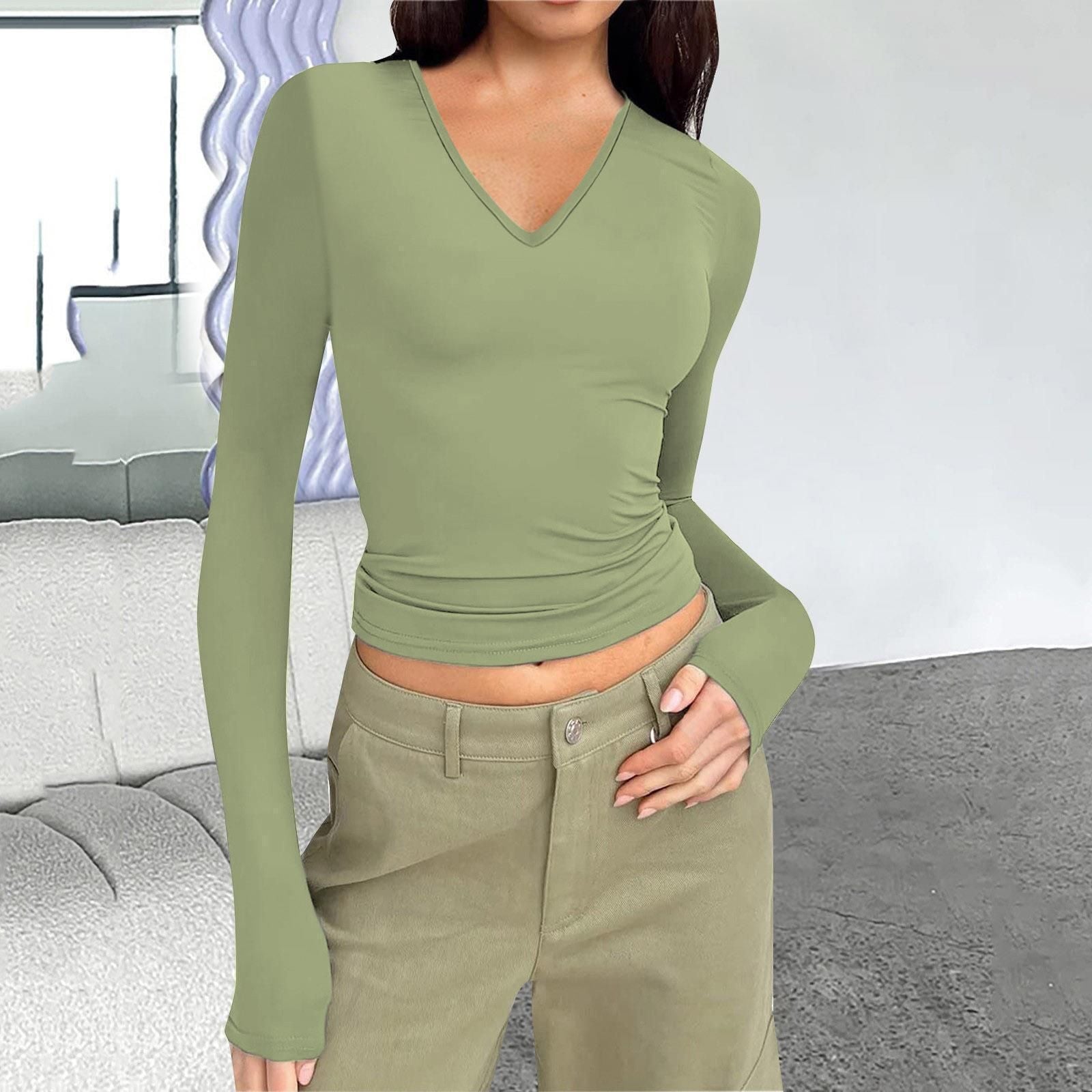 Wish Women'S V-Neck Long Sleeve Basic Slim Versatile T-Shirt Top Women