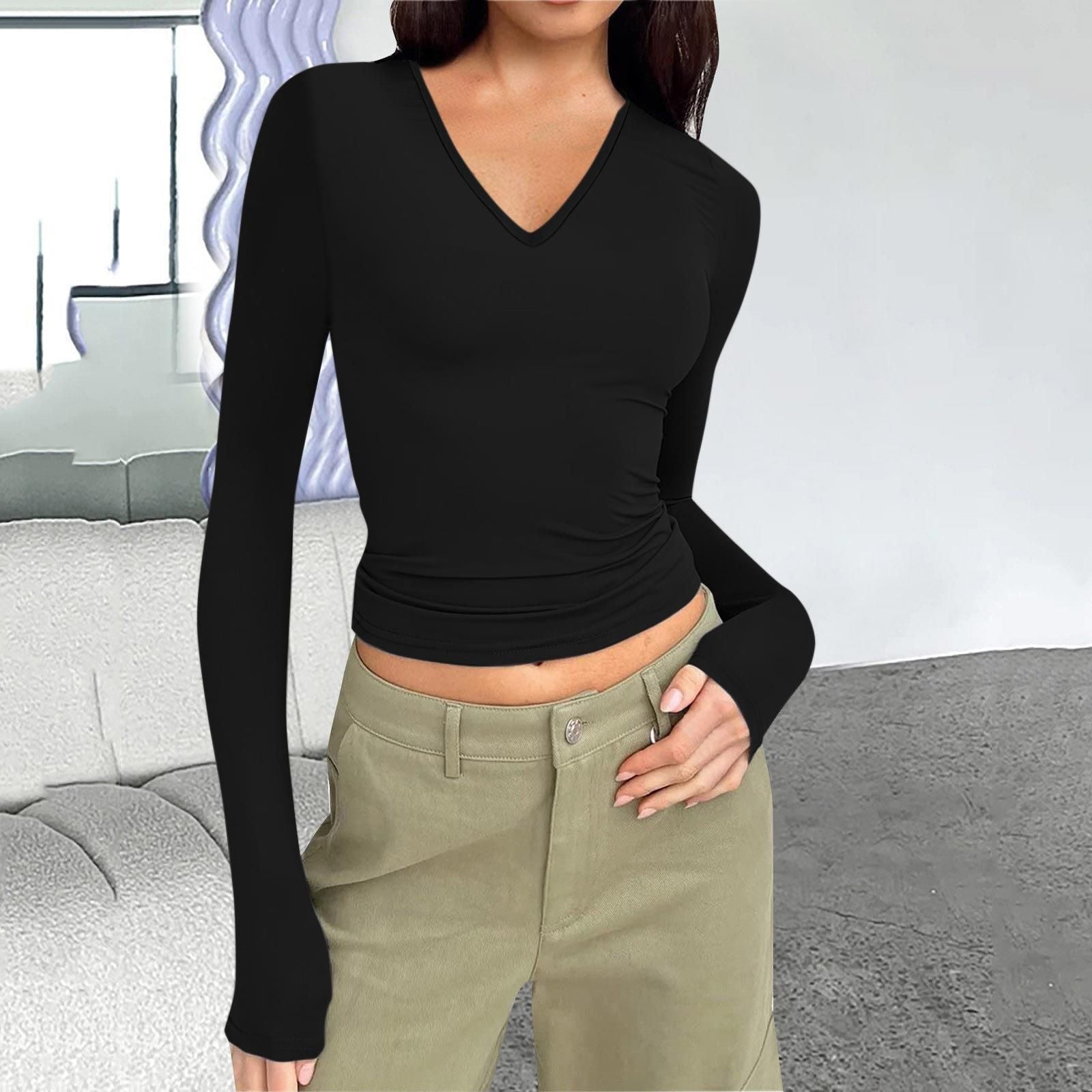 Wish Women'S V-Neck Long Sleeve Basic Slim Versatile T-Shirt Top Women