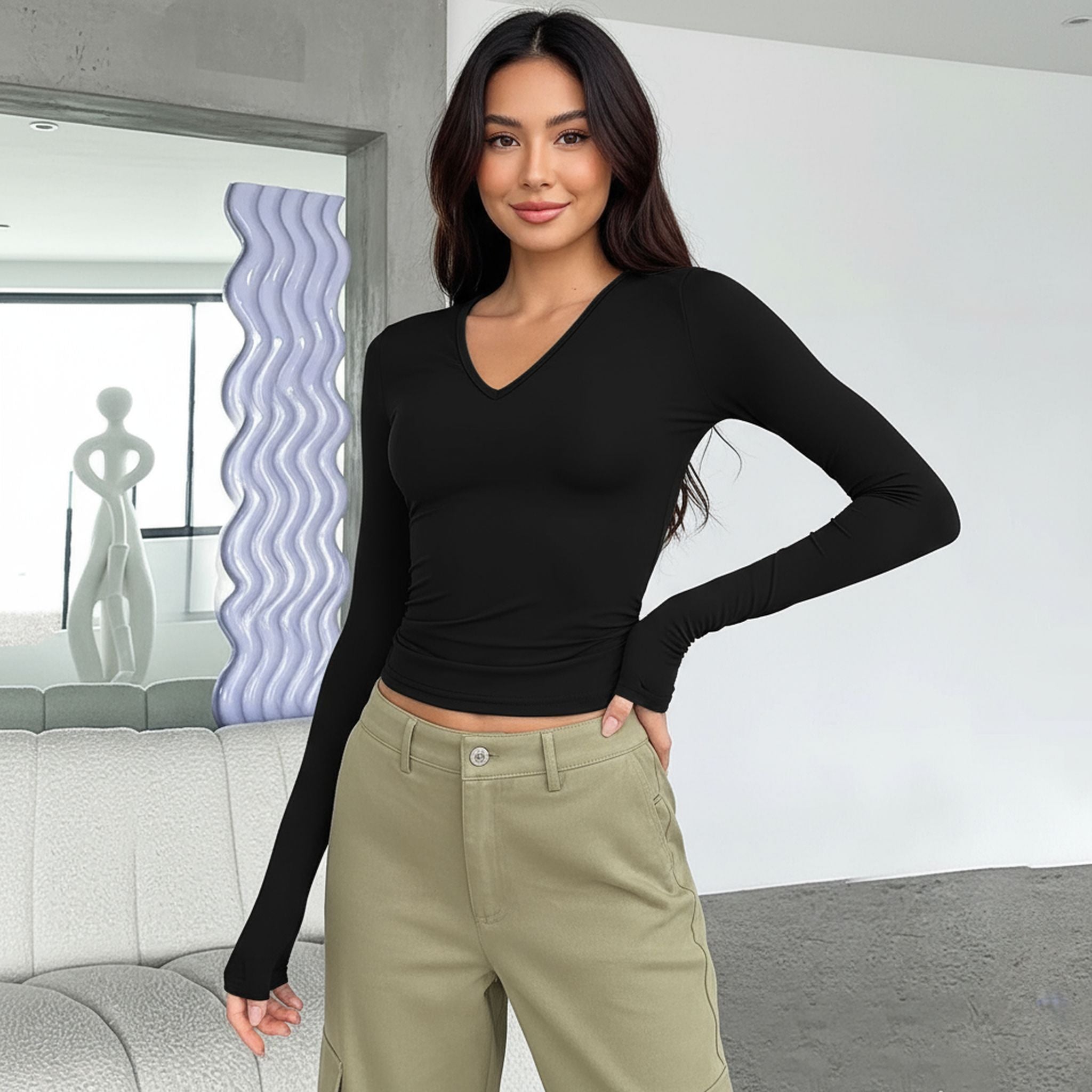 Wish Women'S V-Neck Long Sleeve Basic Slim Versatile T-Shirt Top Women