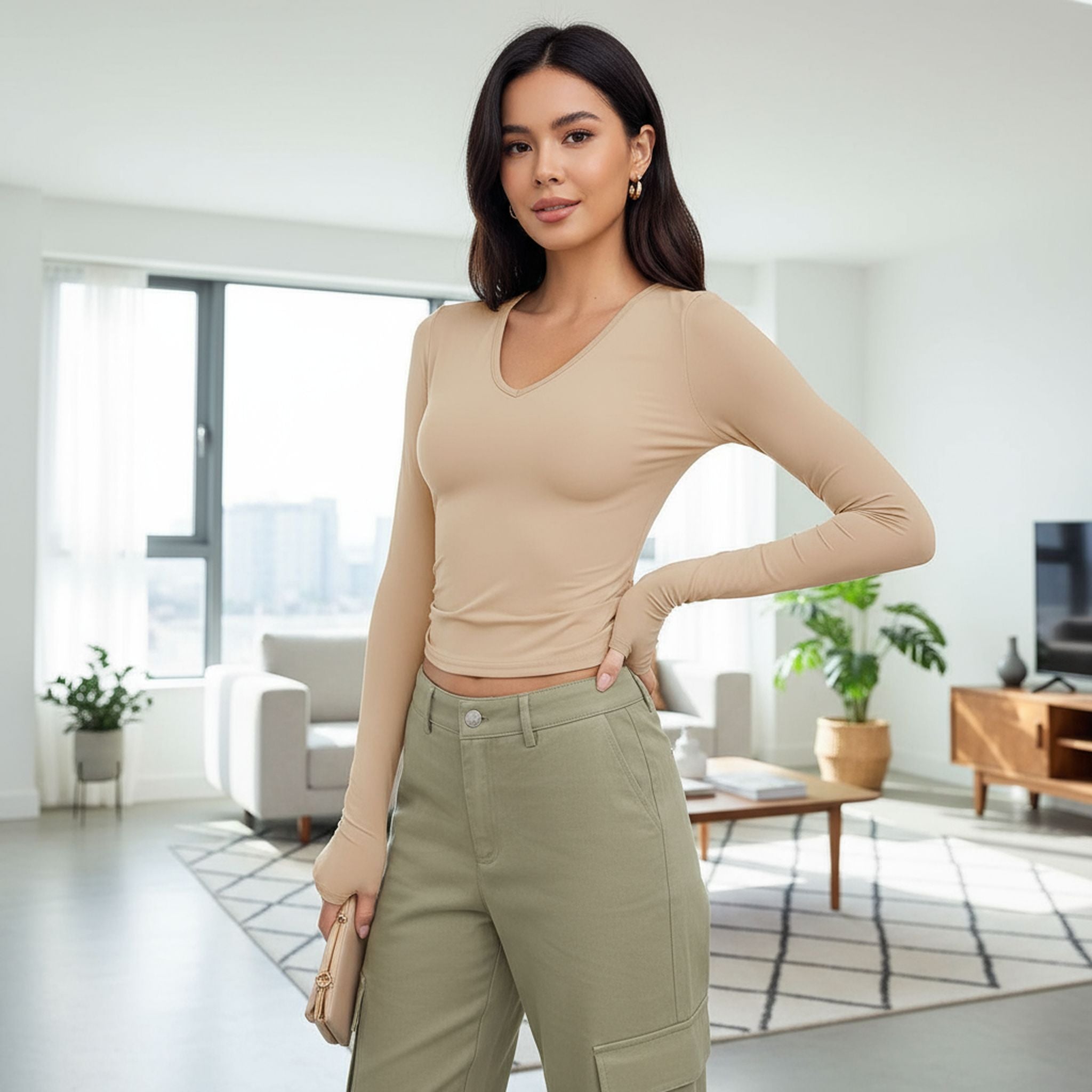 Wish Women'S V-Neck Long Sleeve Basic Slim Versatile T-Shirt Top Women