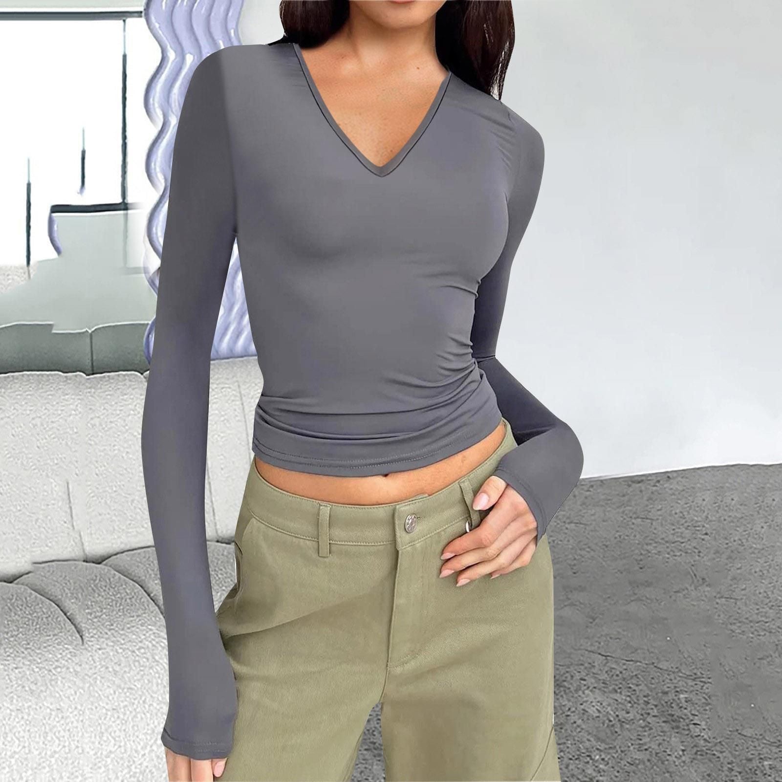 Wish Women'S V-Neck Long Sleeve Basic Slim Versatile T-Shirt Top Women