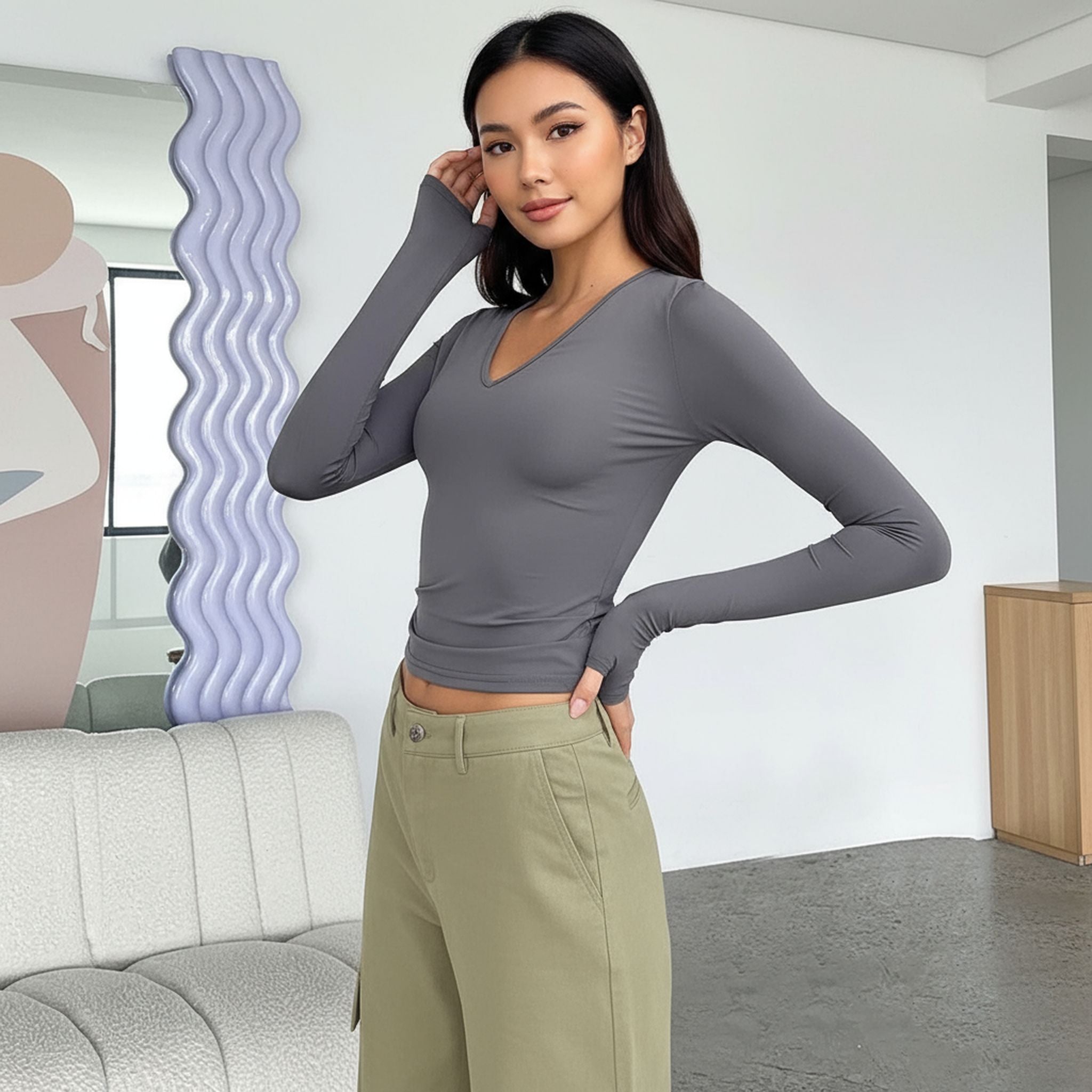 Wish Women'S V-Neck Long Sleeve Basic Slim Versatile T-Shirt Top Women