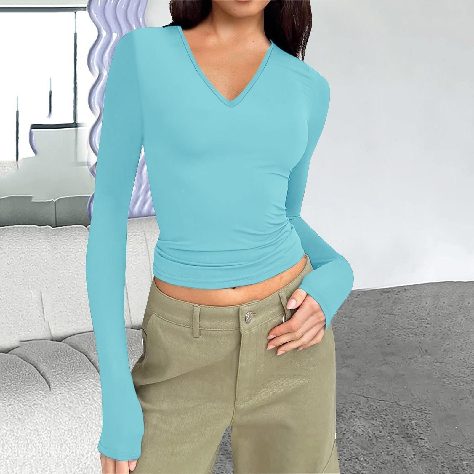 Wish Women'S V-Neck Long Sleeve Basic Slim Versatile T-Shirt Top Women