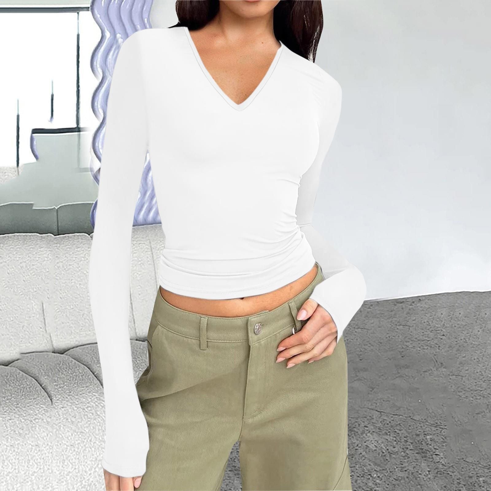 Wish Women'S V-Neck Long Sleeve Basic Slim Versatile T-Shirt Top Women