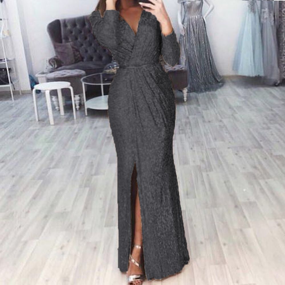 Long Skirt Evening Dress Deep V-Neck Sparkling Dress Skirt Dinner Sexy Dress