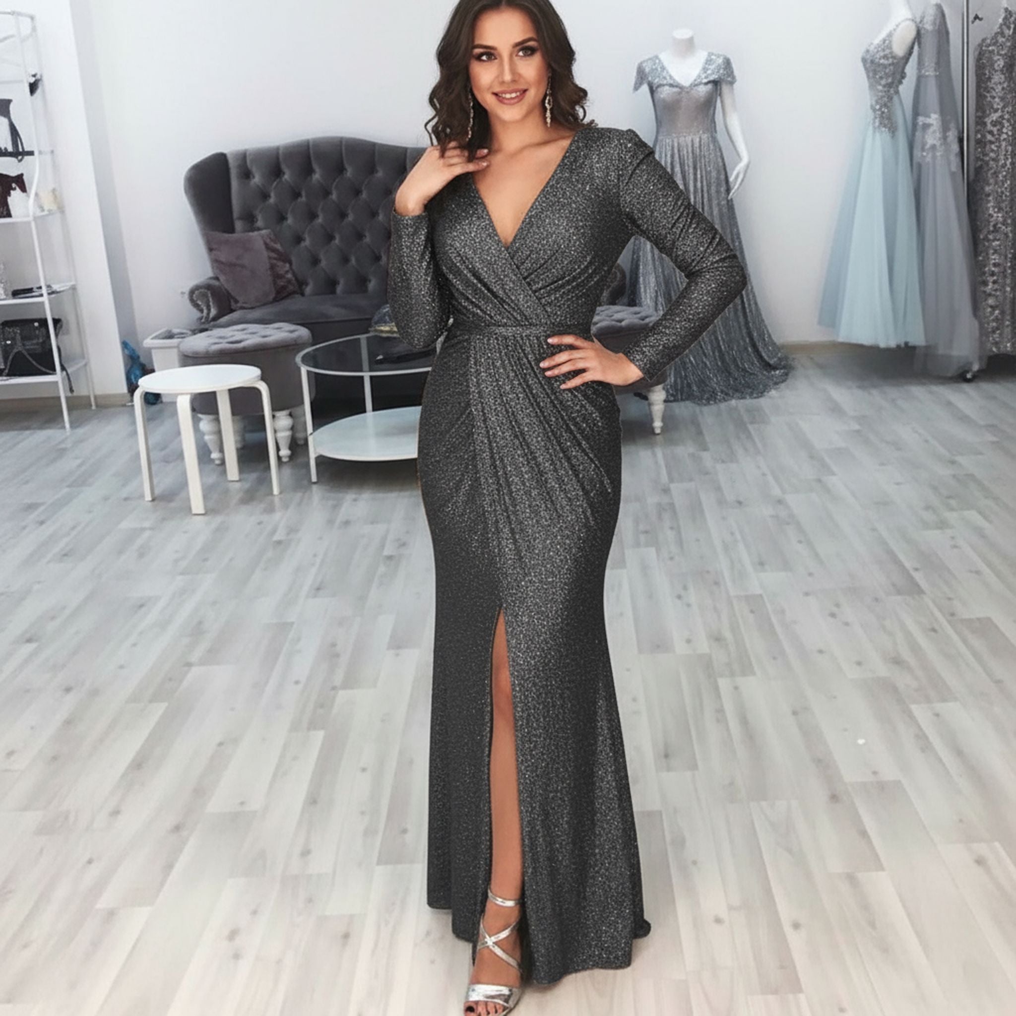 Long Skirt Evening Dress Deep V-Neck Sparkling Dress Skirt Dinner Sexy Dress
