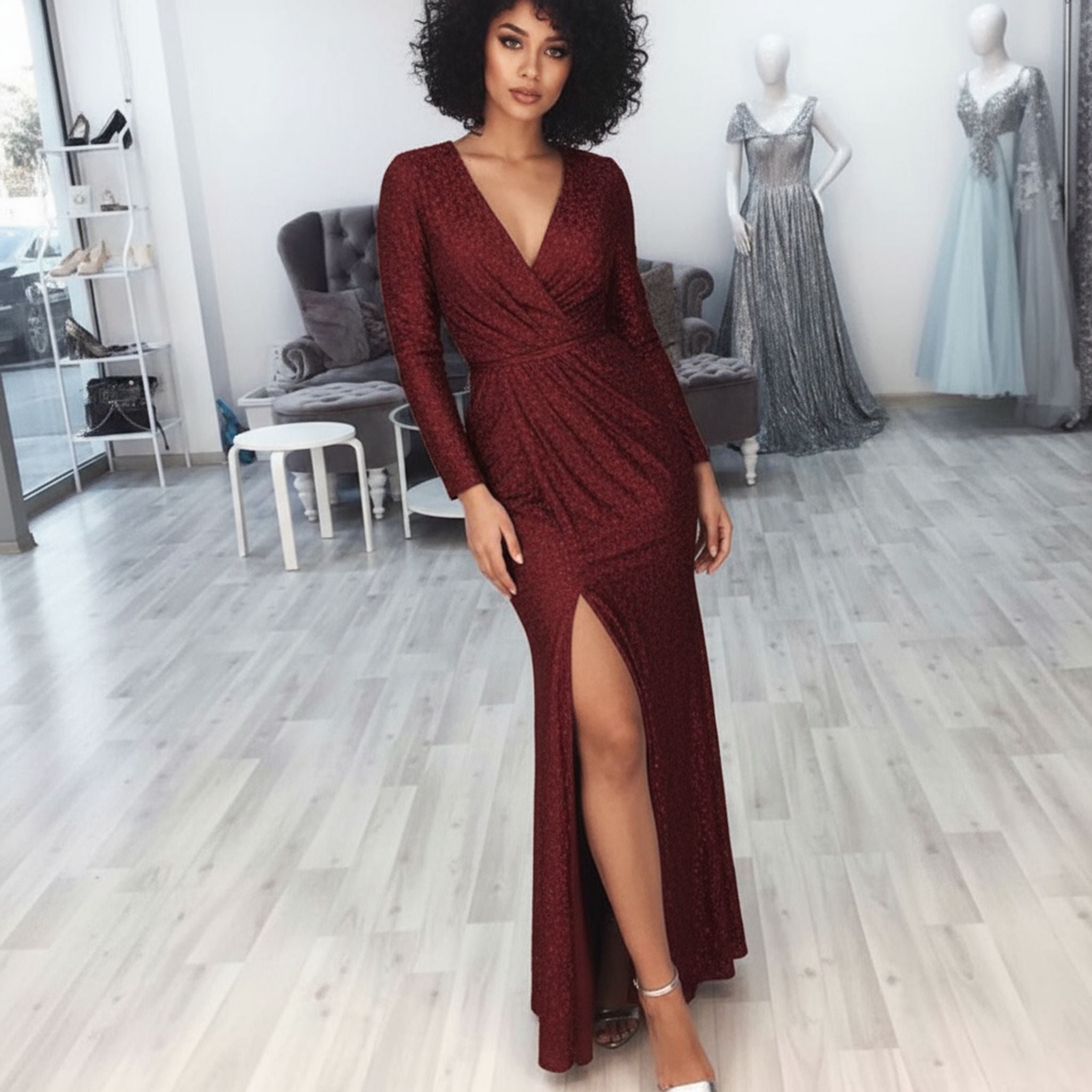 Long Skirt Evening Dress Deep V-Neck Sparkling Dress Skirt Dinner Sexy Dress