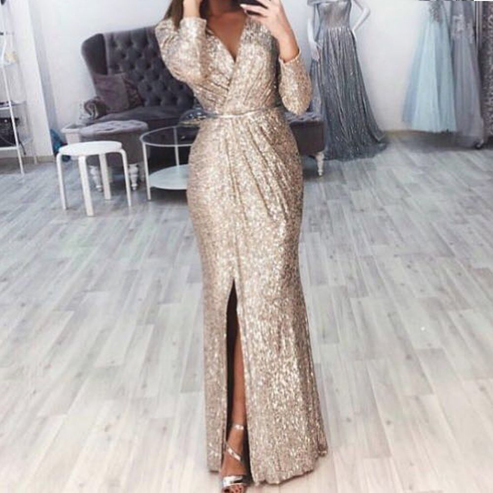 Long Skirt Evening Dress Deep V-Neck Sparkling Dress Skirt Dinner Sexy Dress