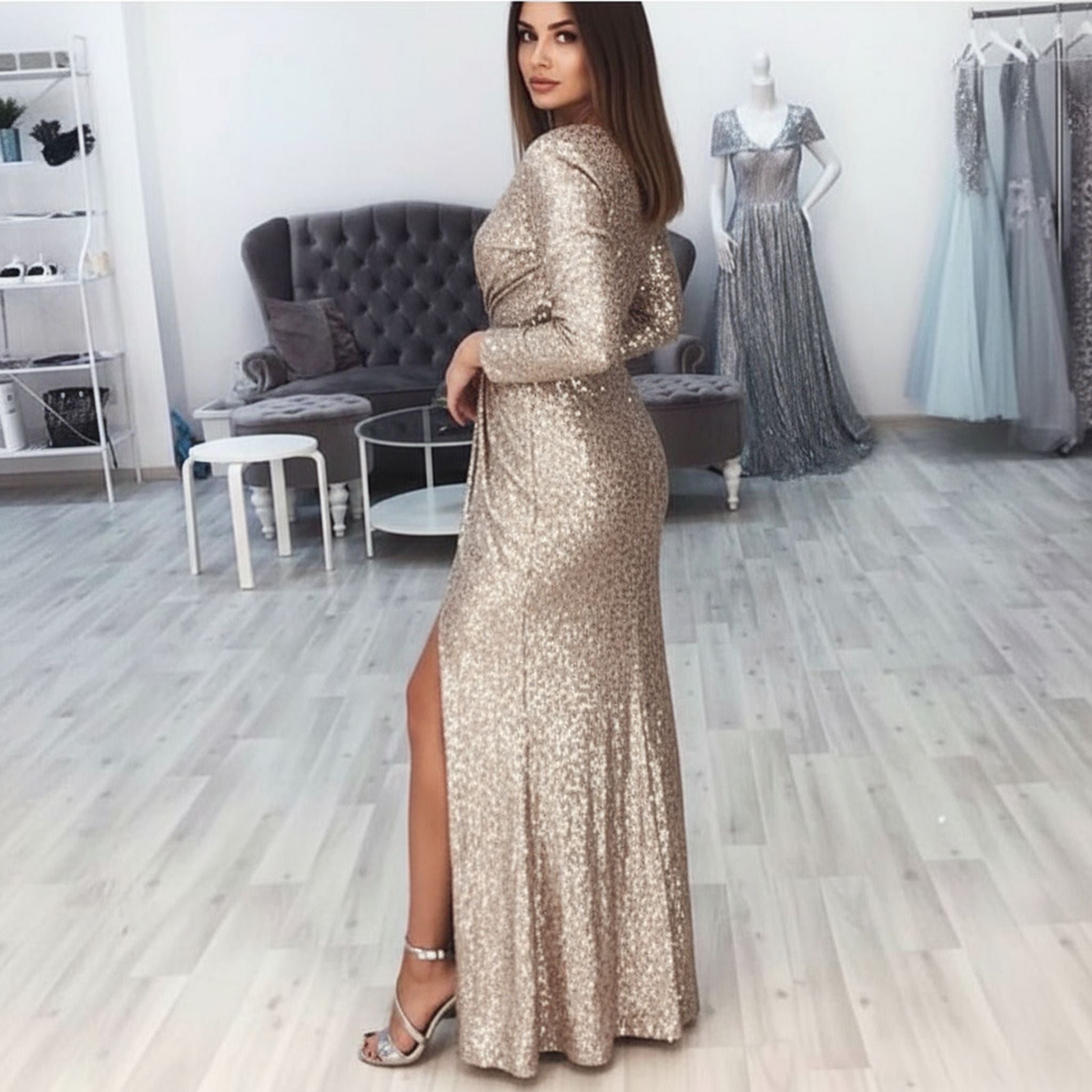 Long Skirt Evening Dress Deep V-Neck Sparkling Dress Skirt Dinner Sexy Dress