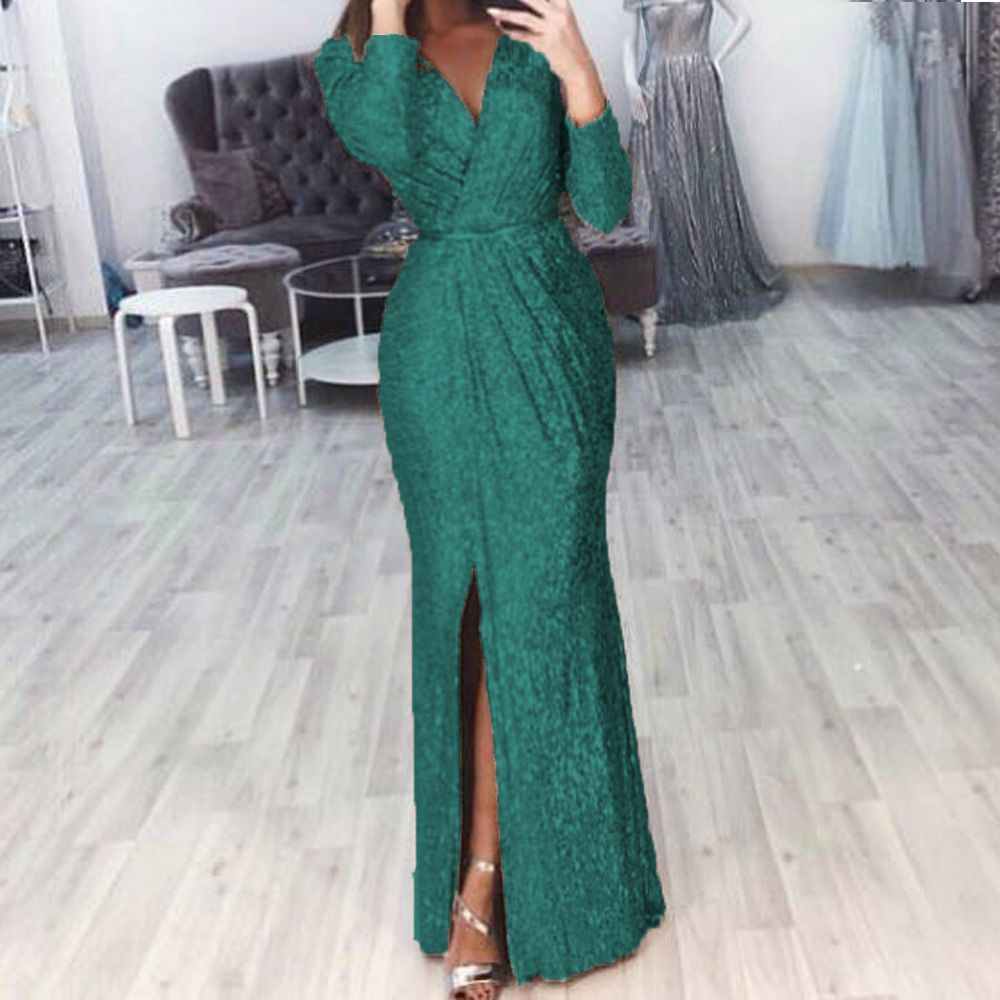 Long Skirt Evening Dress Deep V-Neck Sparkling Dress Skirt Dinner Sexy Dress