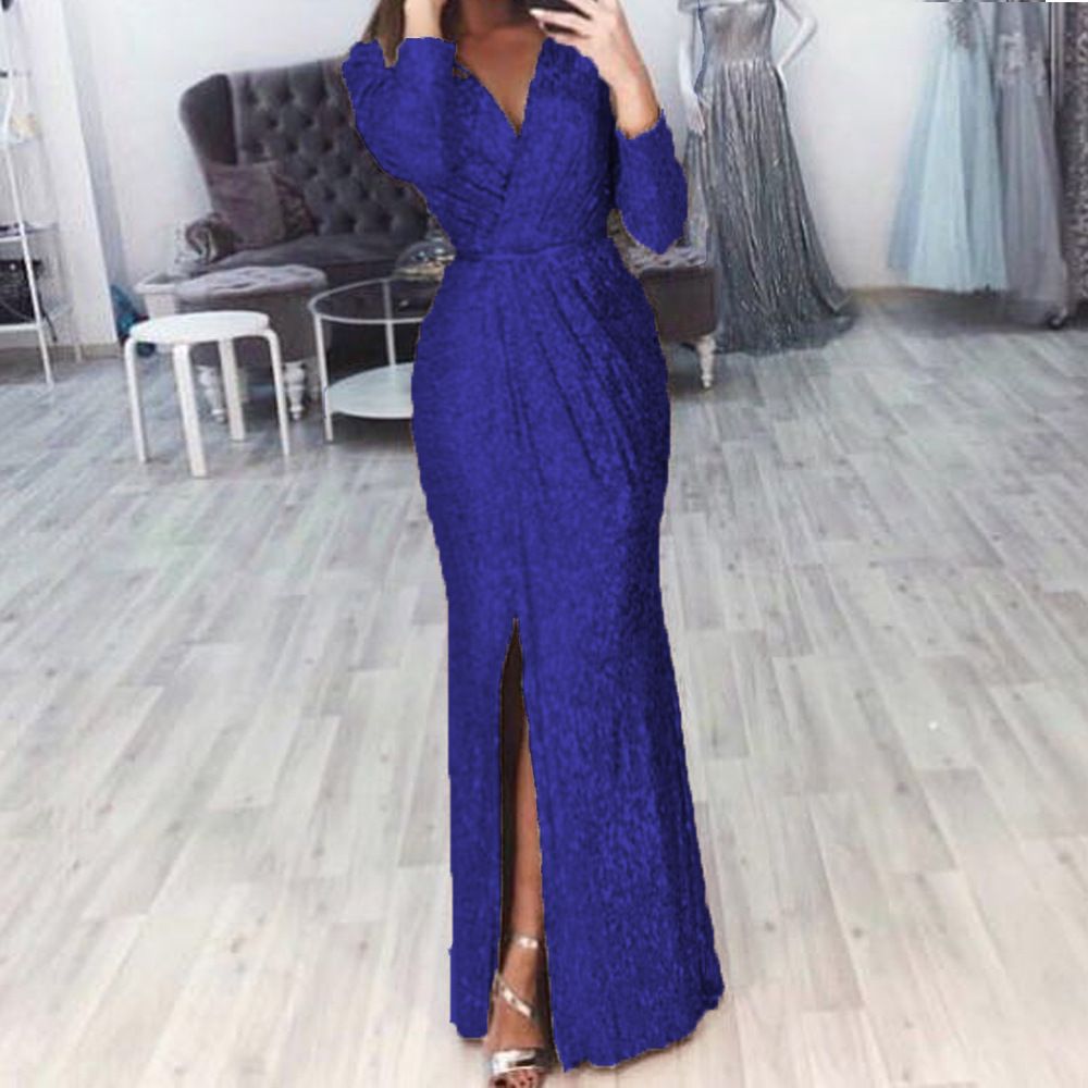 Long Skirt Evening Dress Deep V-Neck Sparkling Dress Skirt Dinner Sexy Dress