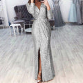 Long Skirt Evening Dress Deep V-Neck Sparkling Dress Skirt Dinner Sexy Dress