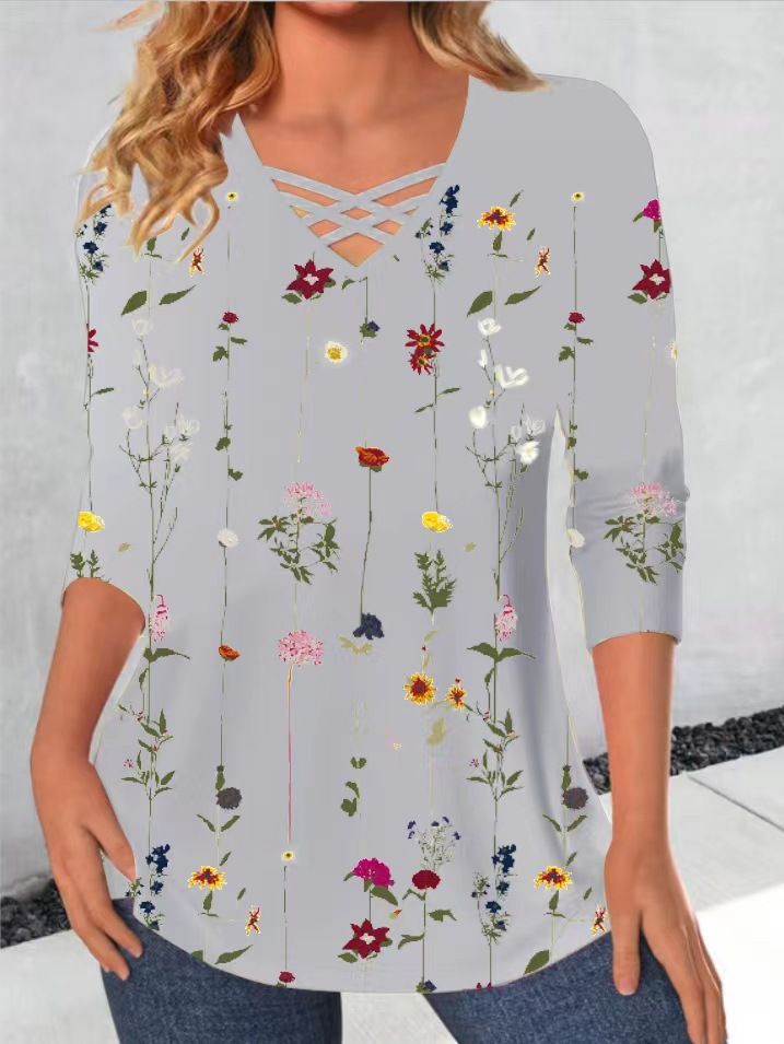 New Loose Neckline Cross V-Neck Flower Print Long Sleeve T-Shirt
