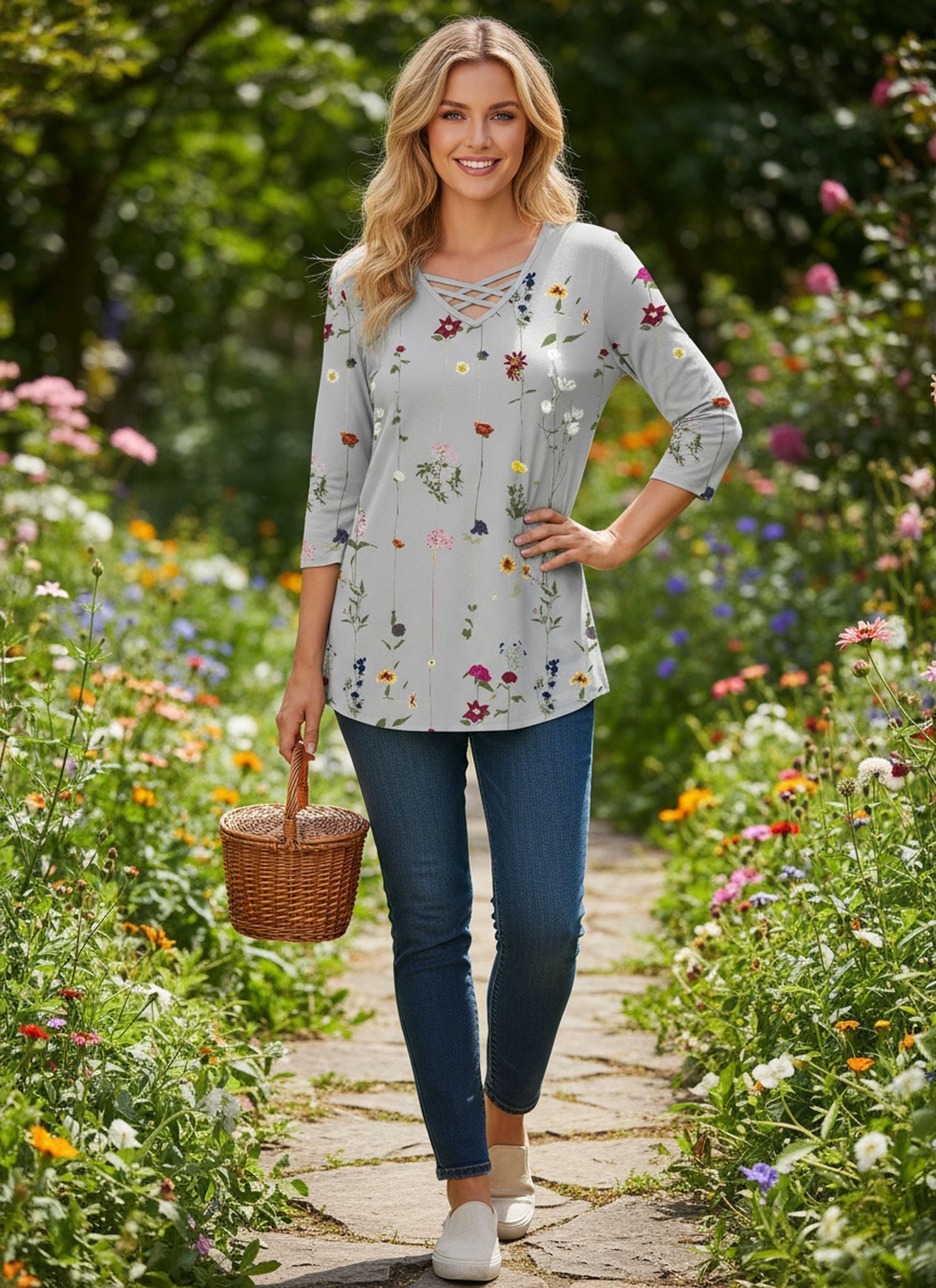 New Loose Neckline Cross V-Neck Flower Print Long Sleeve T-Shirt