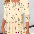 New Loose Neckline Cross V-Neck Flower Print Long Sleeve T-Shirt