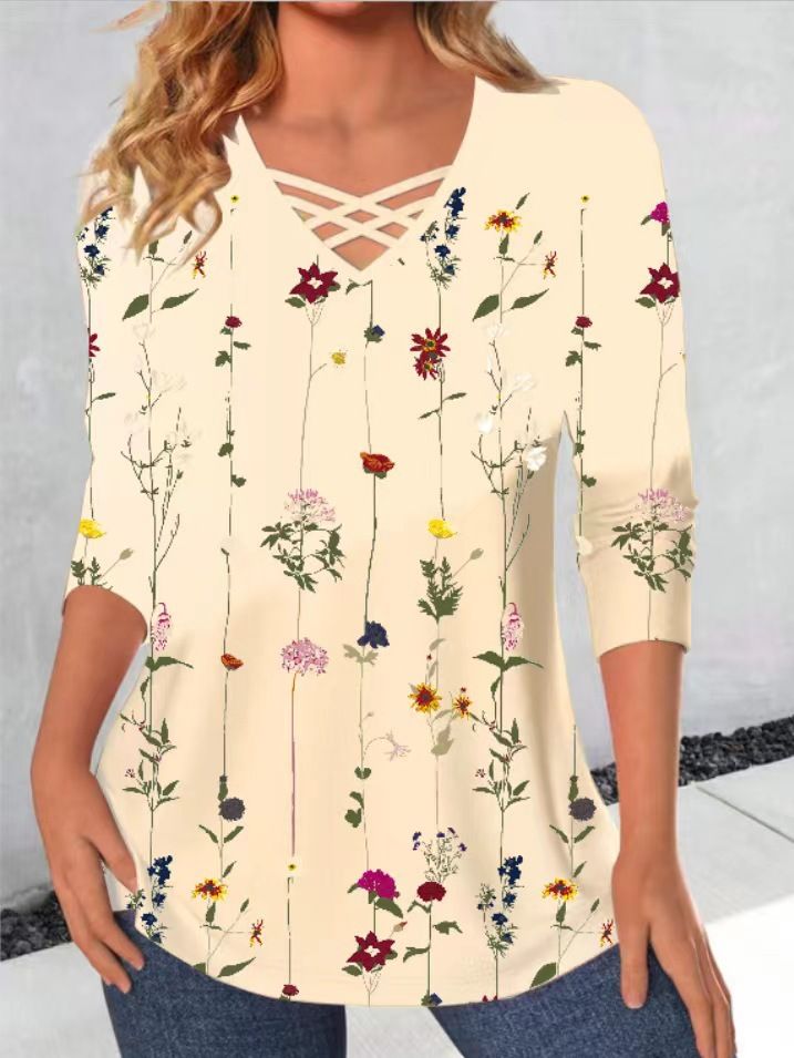 New Loose Neckline Cross V-Neck Flower Print Long Sleeve T-Shirt
