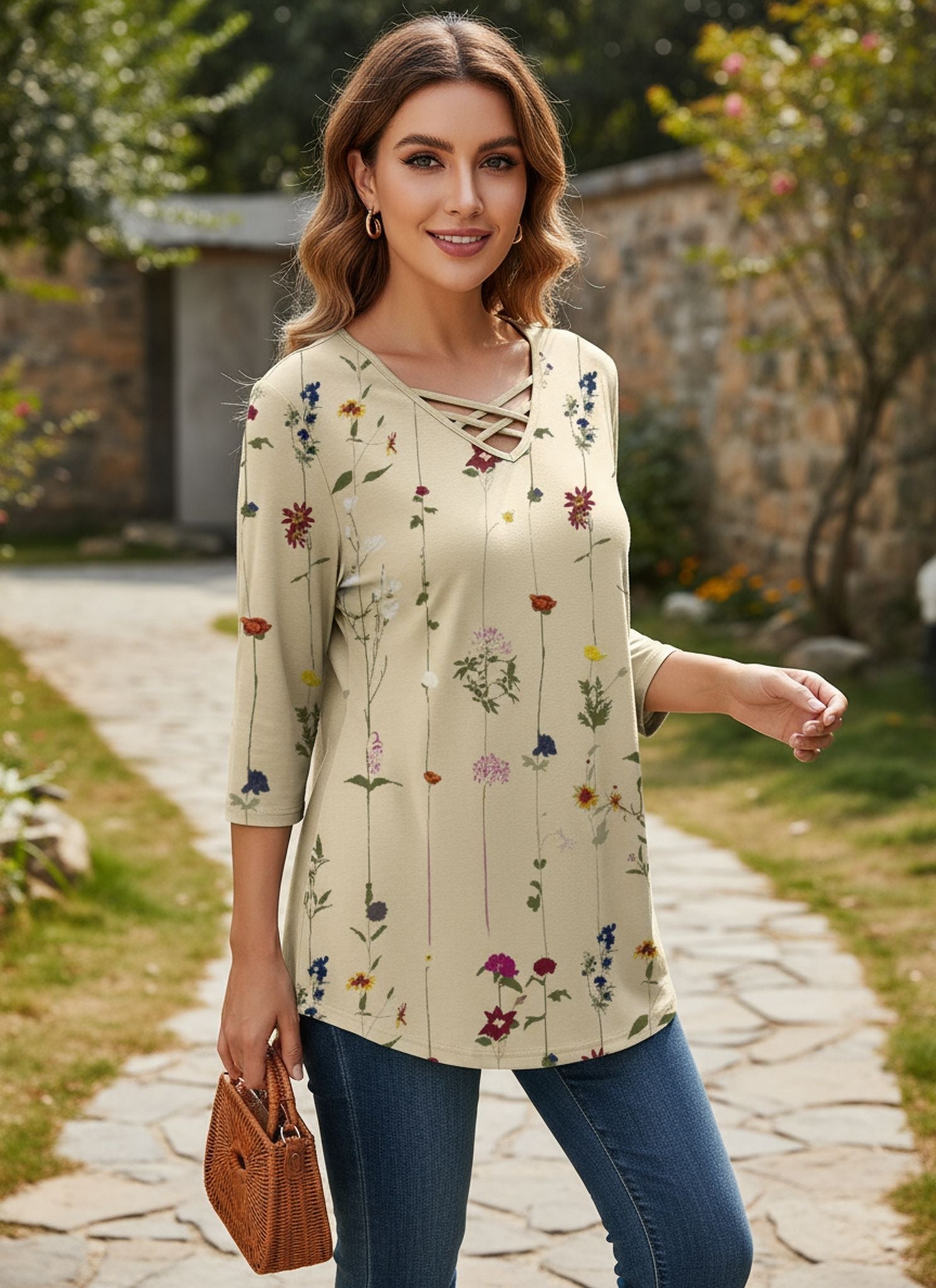 New Loose Neckline Cross V-Neck Flower Print Long Sleeve T-Shirt