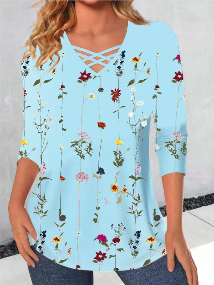 New Loose Neckline Cross V-Neck Flower Print Long Sleeve T-Shirt
