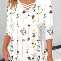 New Loose Neckline Cross V-Neck Flower Print Long Sleeve T-Shirt