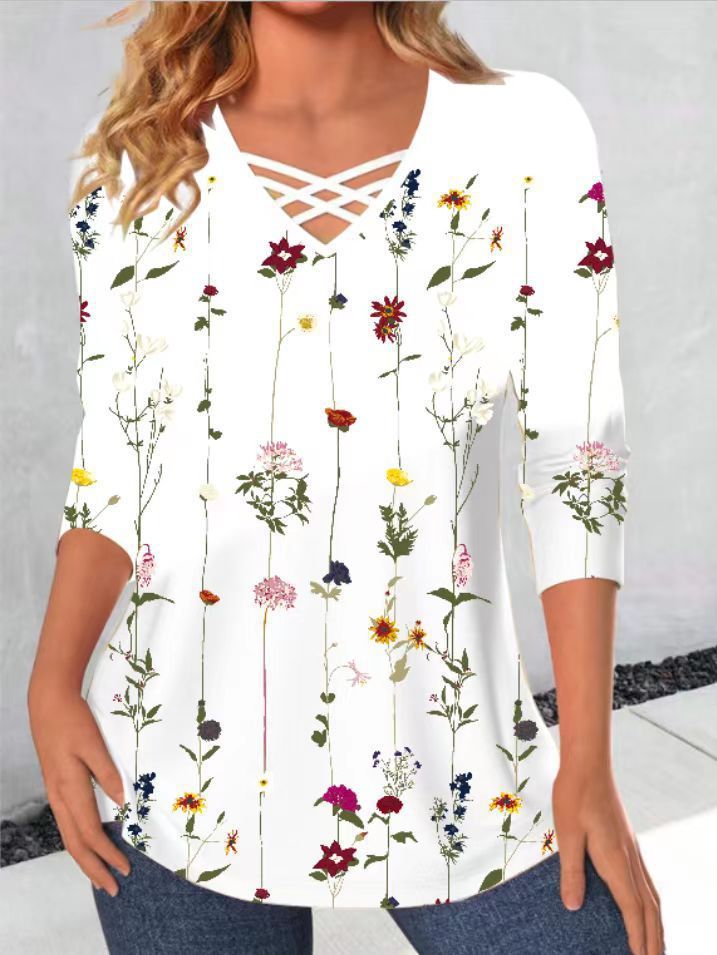 New Loose Neckline Cross V-Neck Flower Print Long Sleeve T-Shirt