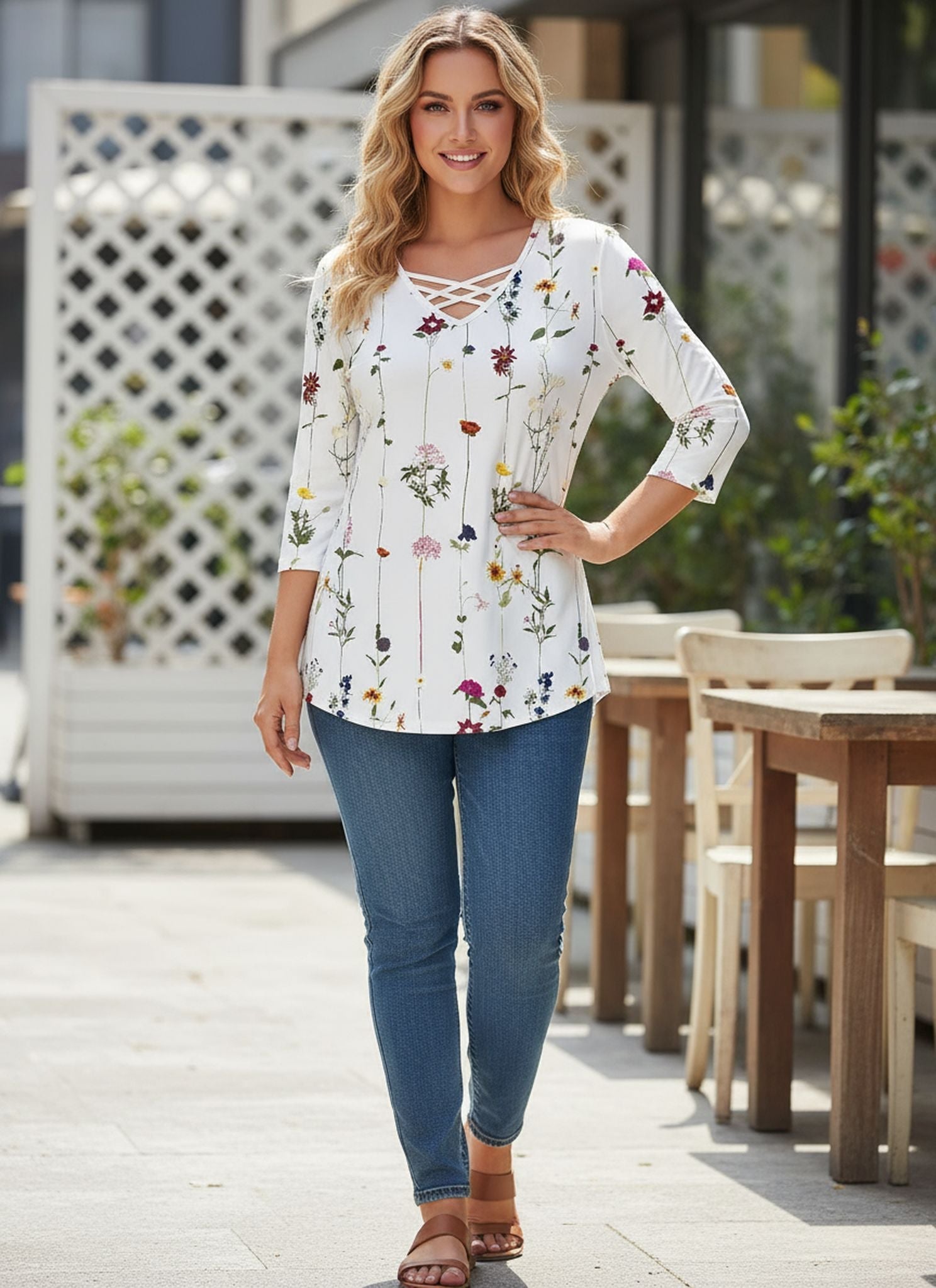 New Loose Neckline Cross V-Neck Flower Print Long Sleeve T-Shirt