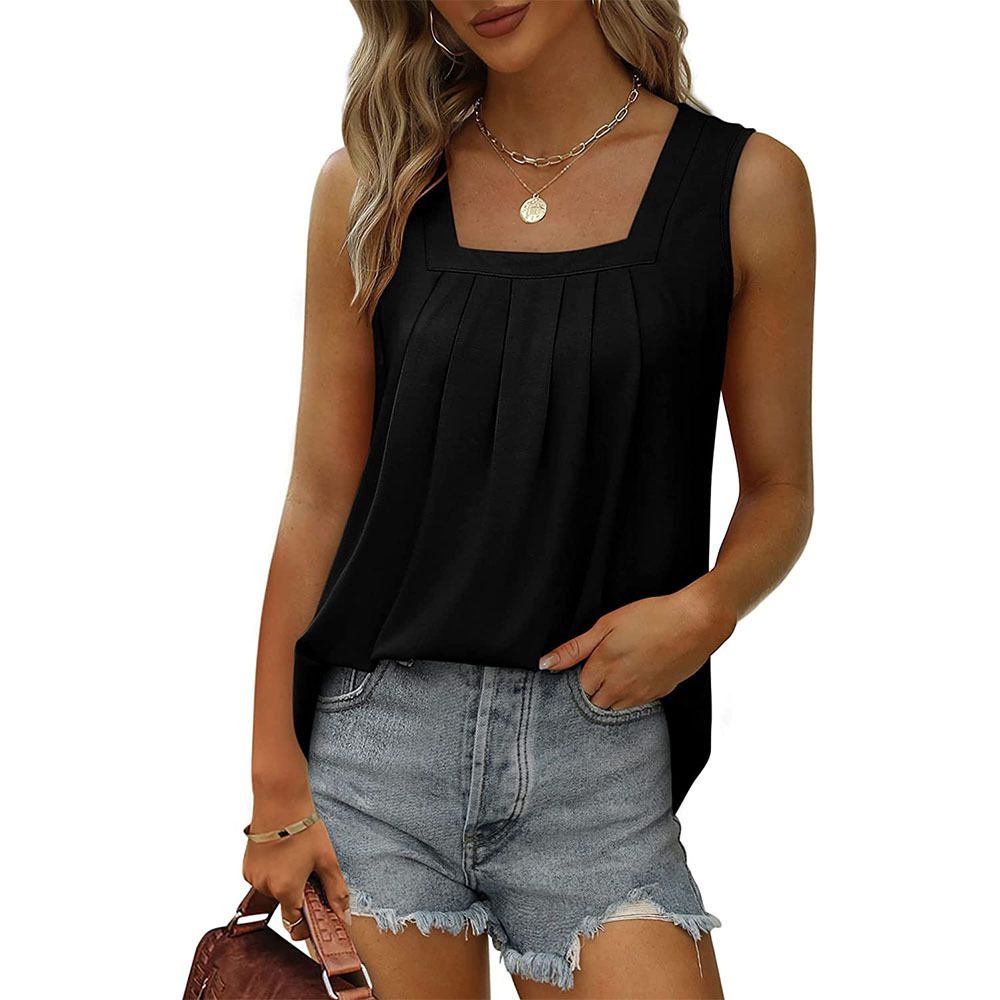 Pleated Square Neck Sleeveless Tuxedo Vest T-Shirt Cross-Border  Women
