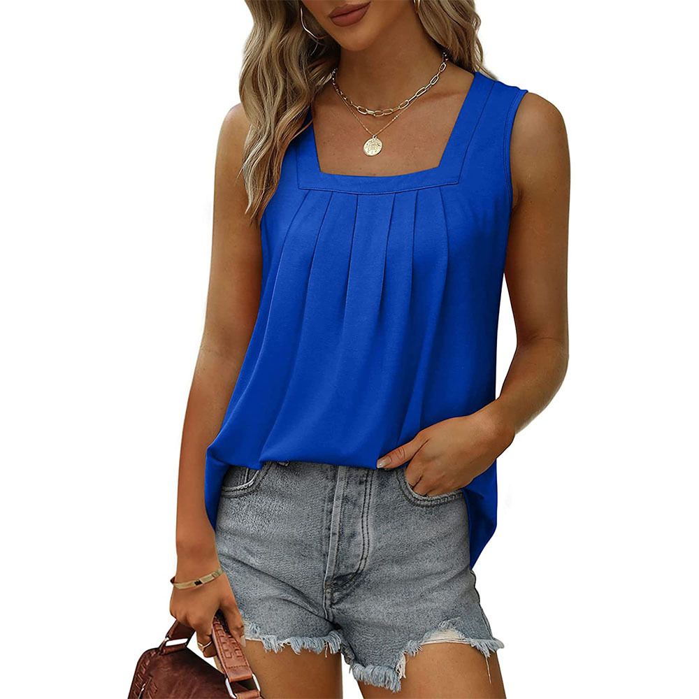Pleated Square Neck Sleeveless Tuxedo Vest T-Shirt Cross-Border  Women