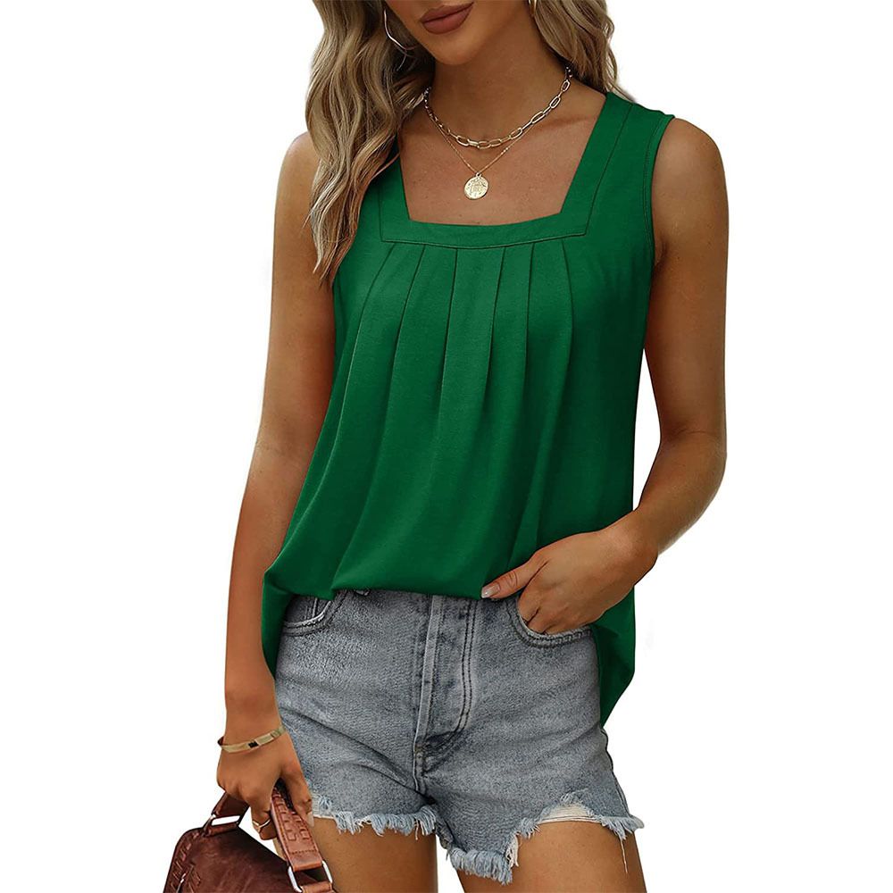 Pleated Square Neck Sleeveless Tuxedo Vest T-Shirt Cross-Border  Women