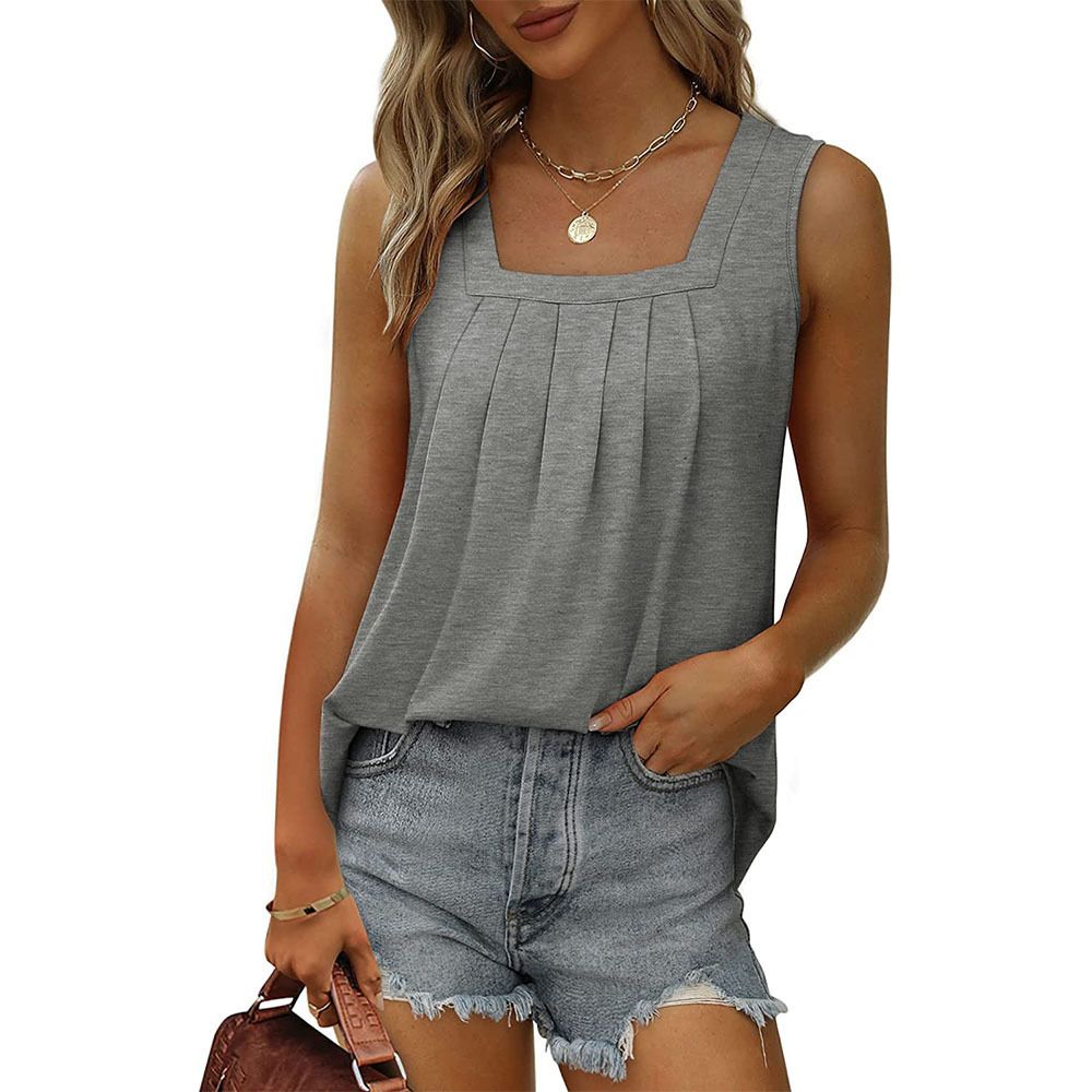 Pleated Square Neck Sleeveless Tuxedo Vest T-Shirt Cross-Border  Women