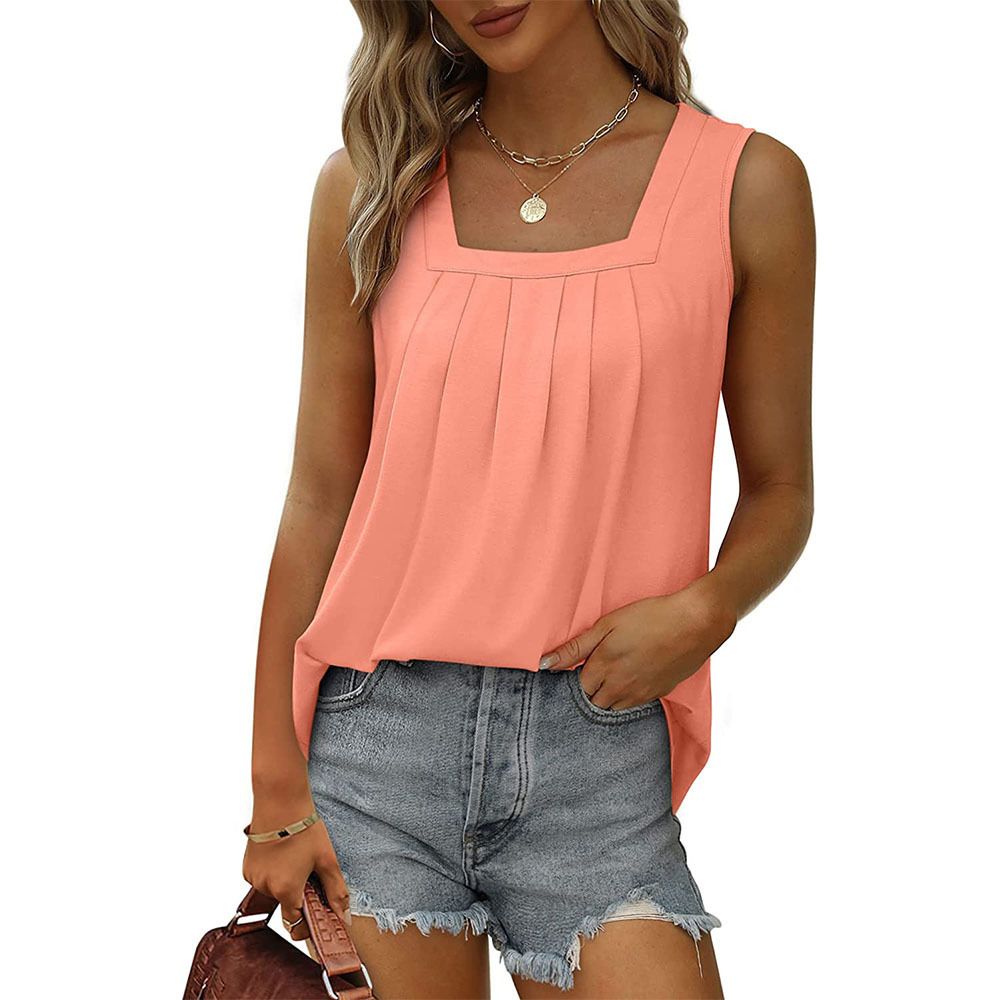 Pleated Square Neck Sleeveless Tuxedo Vest T-Shirt Cross-Border  Women