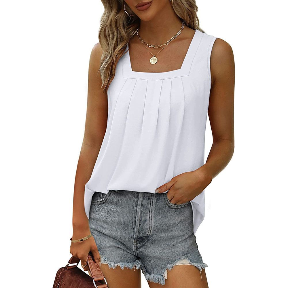 Pleated Square Neck Sleeveless Tuxedo Vest T-Shirt Cross-Border  Women