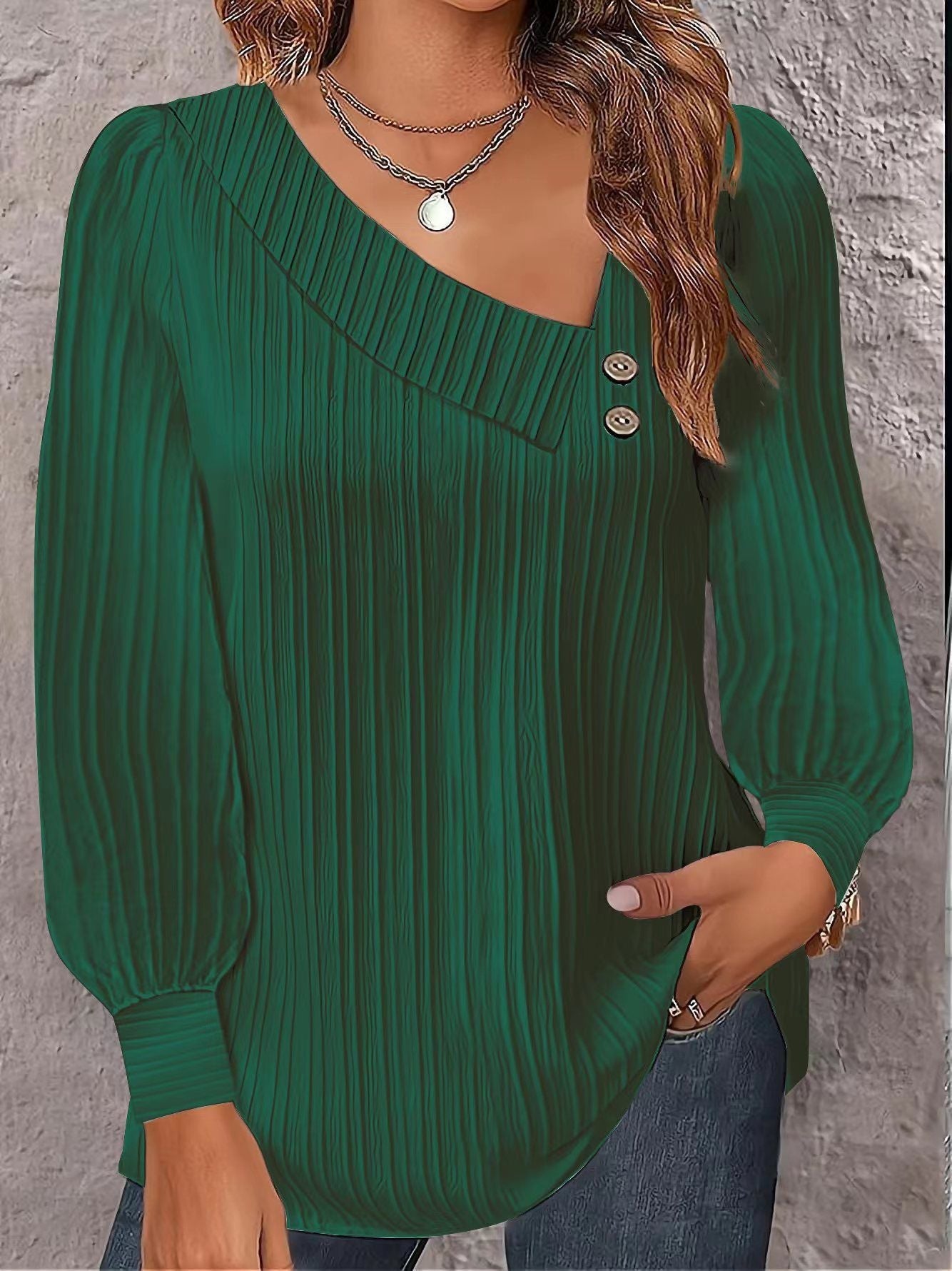 V-Neck Button Solid Color Versatile Long Sleeve Pleated Shirt