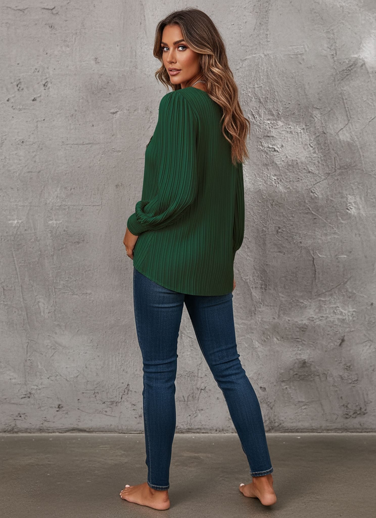V-Neck Button Solid Color Versatile Long Sleeve Pleated Shirt