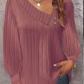 V-Neck Button Solid Color Versatile Long Sleeve Pleated Shirt
