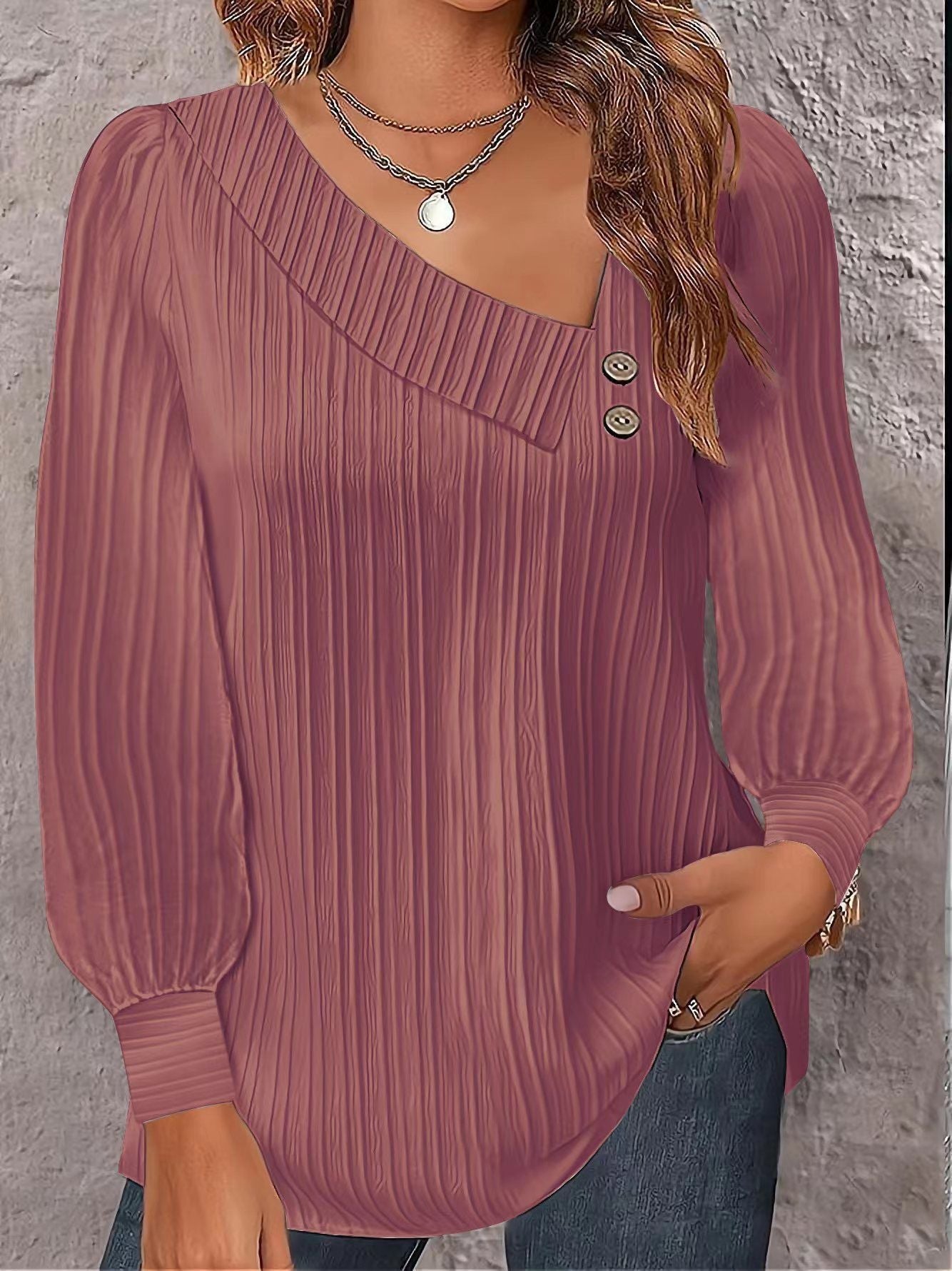V-Neck Button Solid Color Versatile Long Sleeve Pleated Shirt