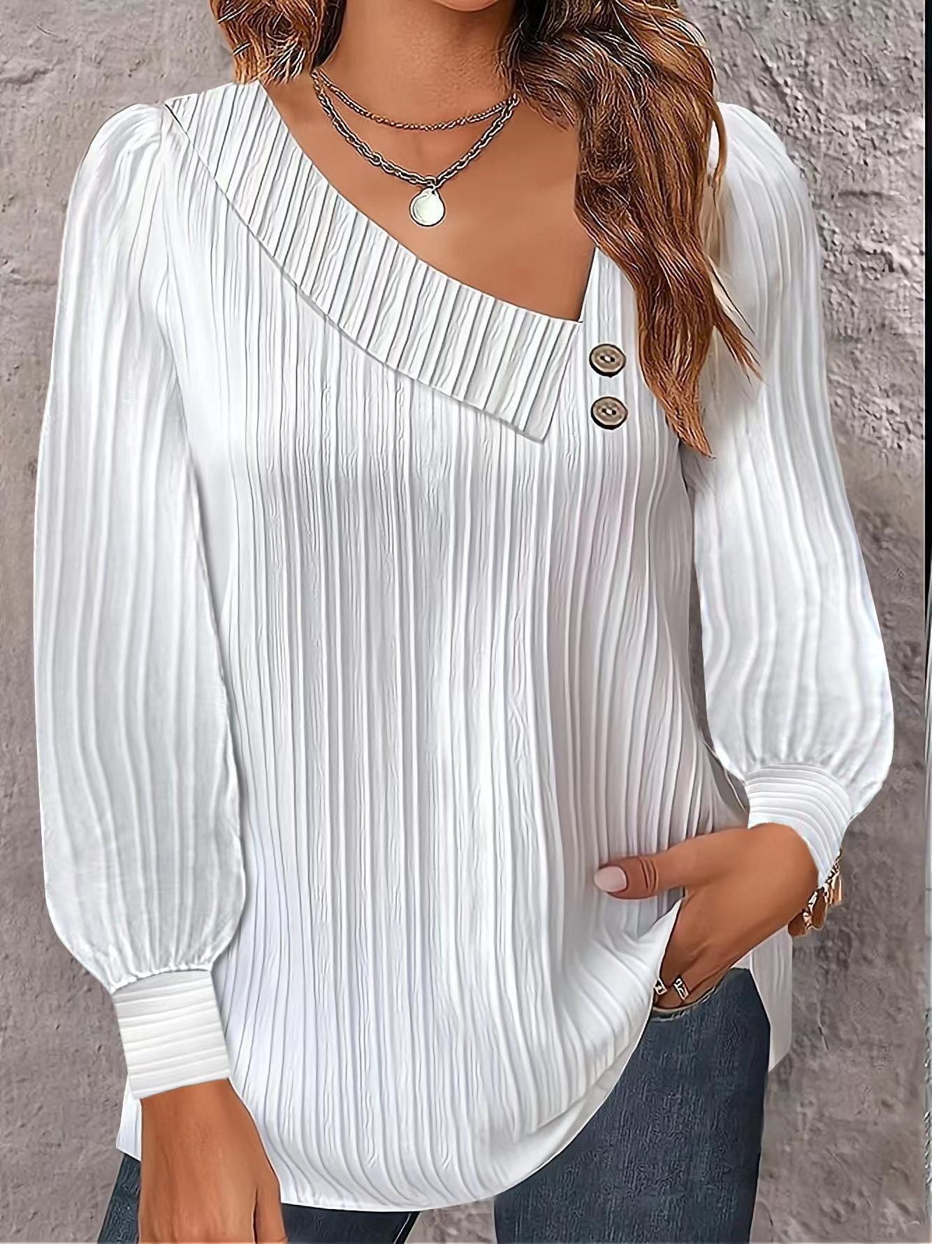 V-Neck Button Solid Color Versatile Long Sleeve Pleated Shirt