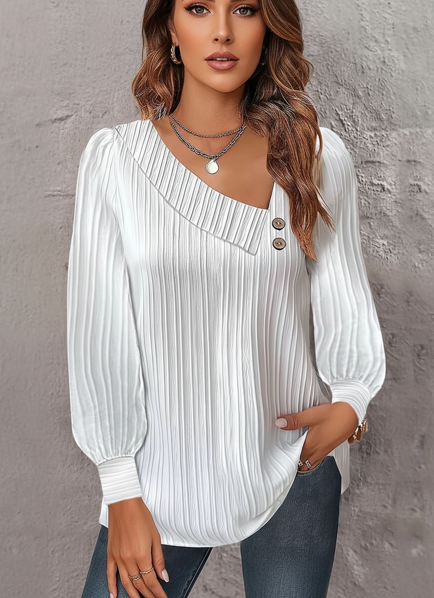 V-Neck Button Solid Color Versatile Long Sleeve Pleated Shirt